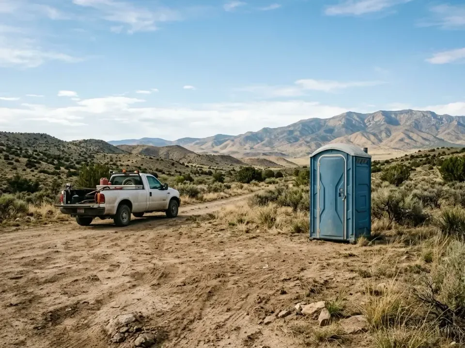 Portable Toilet — Remote Location — Portable Toilet, Pickup Truck, Dirt Road, Remote Location, Restroom Trailer Rental in Al…